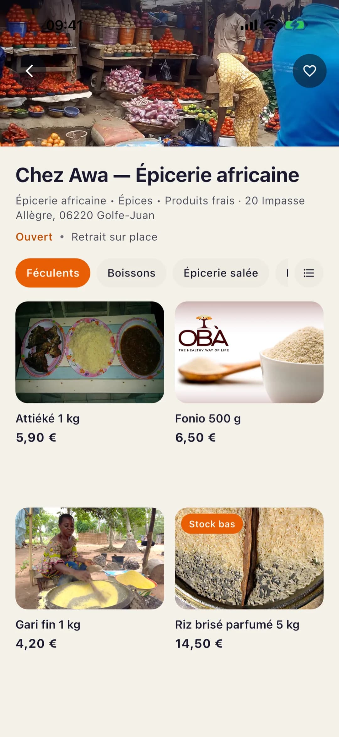 Écran de la fiche d’un commerce sur Makii — adresse, horaires, retrait sur place